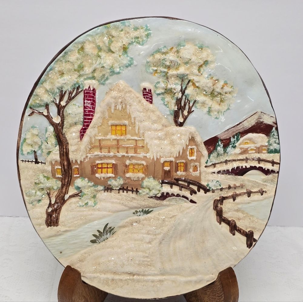 Vintage Studio Art Pottery 3D Winter Village Ceramic Panno Plague USA IOWA